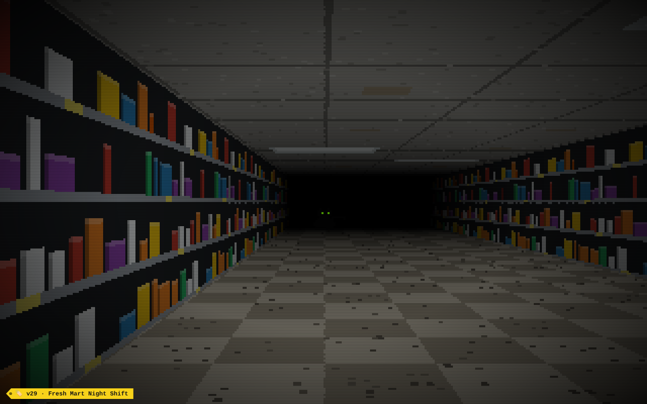 A dark aisle with two glowing green eyes at the far end