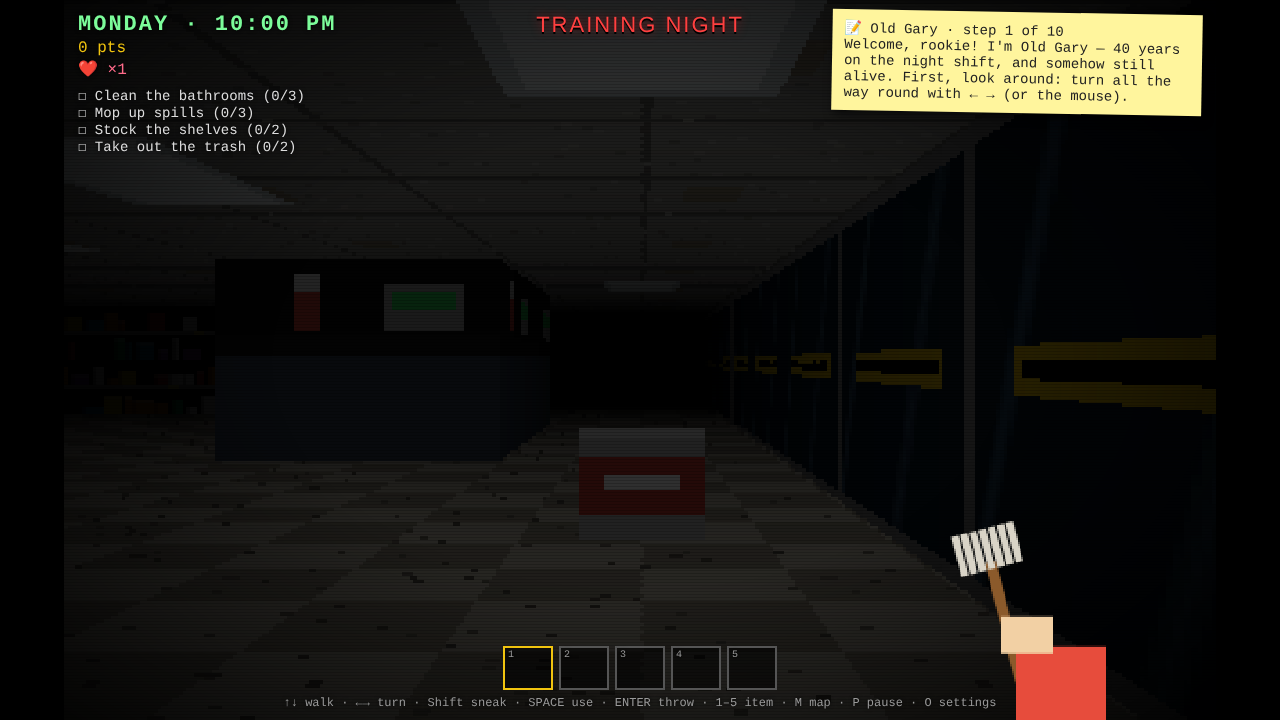 First-person view down a grocery store aisle at night with a chore list and a sticky note from Old Gary